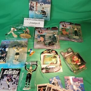 Priority box filled with sports memorabilia, mixed action figures, baseball,.
